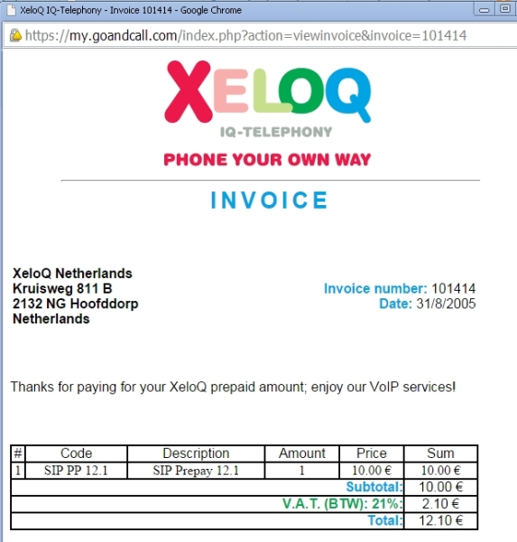 XeloQ Invoice -  Step 3 - generated pop up invoice